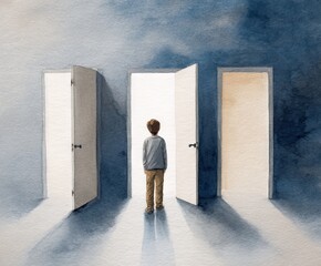 Fototapeta premium Boy faces choices, three open doors symbolizing paths and decisions