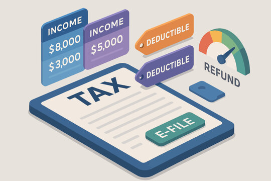 Tax filing concept with income brackets deductible tags and refund indicator