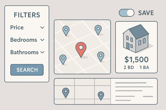 Real estate search interface with map and filters for home listings