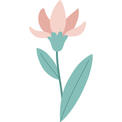 Minimalist Pink Flower With Green Leaves And Stem On A Transparent Background Simple Botanical Illustration