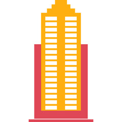 Minimalist graphic of an orange skyscraper with many windows and a red base on a transparent background representing urban architecture and city development with clean lines and geometric shapes