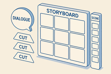 Storyboard design with dialogue and scene elements in blue outline