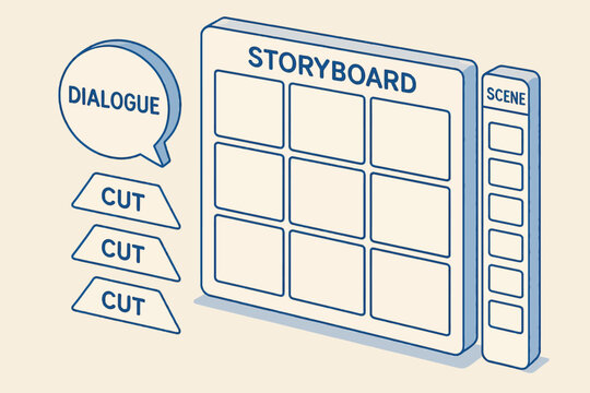 Storyboard design with dialogue and scene elements in blue outline