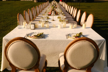refined outdoor banquet arrangement, chic outdoor event featuring coordinated table and floral decor