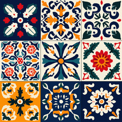 Fototapeta premium Hand Drawn Mediterranean Ceramic Tile Pattern, Seamless Amalfi Majolica Floral Vector Background