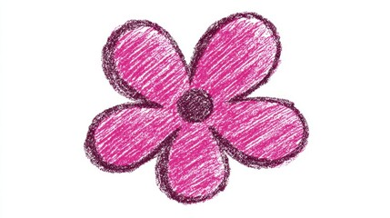 Fototapeta premium A simple, hand-drawn pink flower with rounded petals and a dark center, conveying a cheerful and playful aesthetic.