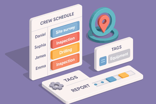 3d isometric crew schedule with task tags and location icon on purple background