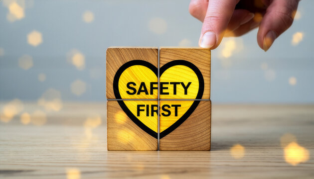 Safety first symbols, work safety, caution work hazards, danger surveillance, Wooden blocks with yellow heart icon and &ldquo;Safety First&rdquo; message, workplace safety awareness concept, zero accident preven