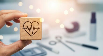 Lone Healthcare Professional Examining Insurance Cube Symbolizing Heartbeat and Financial Wellness in a Tranquil Space, Ideal for Corporate Websites and Business Presentations.