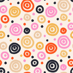 Fototapeta premium Seamless abstract pattern with bold hand-drawn circles in yellow, pink, beige, and grey marker strokes. Playful, modern abstract design full of energy and color balance.