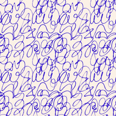 Seamless abstract scribble pattern with chaotic, freestyle hand-drawn doodle forms made in blue pen ink. Energetic, spontaneous sketch texture with expressive lines and artistic flow.