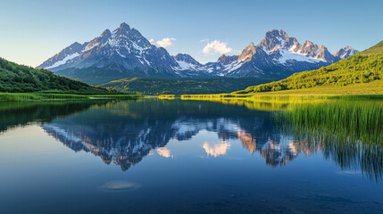 Fototapeta premium Majestic Snow Capped Mountains Reflected In Calm Blue Lake During Golden Hour With Lush Green Trees