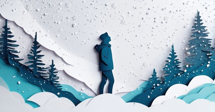Papercraft scene depicts lone hiker amid snowy mountains. Blue hues dominate landscape, creating serene winter vista. - Powered by Adobe