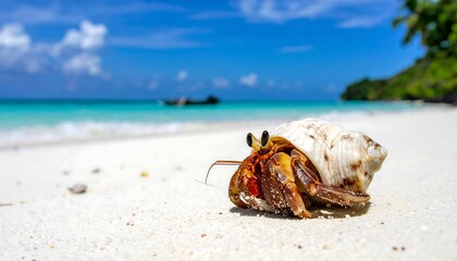 Hermit crab crawling on a pristine white sand beach with turquoise water and lush green foliage in the background