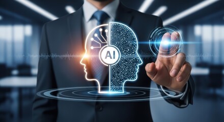 Modern Businessman Symbolizing ForwardThinking Collaboration and Hybrid Intelligence at a Digital Interface, Ideal for Corporate Websites and Presentations.