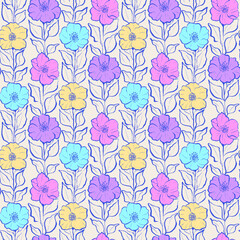 Colorful seamless floral pattern with hand-drawn flowers. Vibrant artistic design perfect for fabric, wallpaper, wrapping paper, and spring or summer decor.