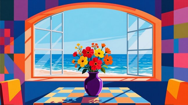 A vibrant, colorful interior features an open arched window overlooking a serene blue ocean under clear skies. A purple vase filled with bright red and yellow flowers sits on a rainbow-patterned table