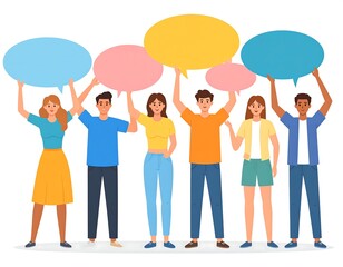 Naklejka premium Diverse group holding colorful speech bubbles, representing community and discussion