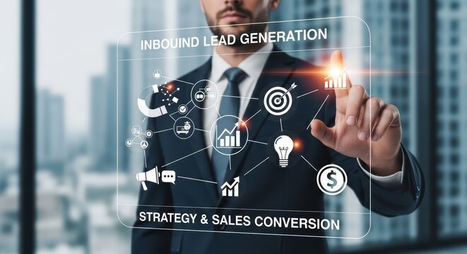 Dynamic Businessman Strategizing for a New Generation on a Tranquil Beach, Touching Virtual Icons Representing Global Success Perfect for Corporate Websites and Presentations. - Powered by Adobe