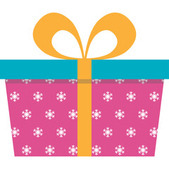 Flat design of a pink gift box with white snowflakes and a teal lid adorned with an orange ribbon and bow on a transparent background