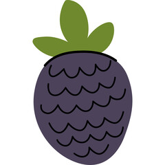 Flat illustration of a single ripe blackberry with green leaves on a transparent background stylized for autumn and cozy themes