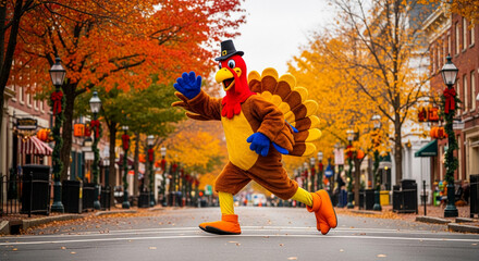 A turkey mascot wearing a hat runs on the street with fall foliage. It symbolizes Thanksgiving, celebration, and seasonal cheer in an urban environment.