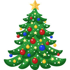 Festive Green Christmas Tree Adorned with Red Blue and Yellow Ornaments and Golden Stars Illuminated by Soft Festive Light