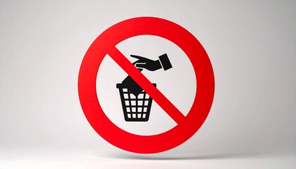 Black hand dropping item into trash bin, red circle with diagonal slash, symbolizing prohibition of disposal.