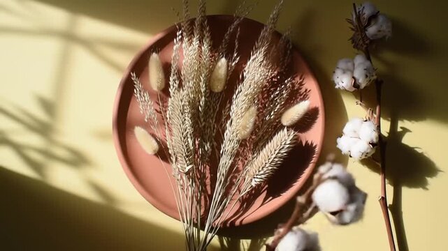 Aesthetic still life with dried pampas grass and cotton bolls on a plate with natural sunlight and shadows.