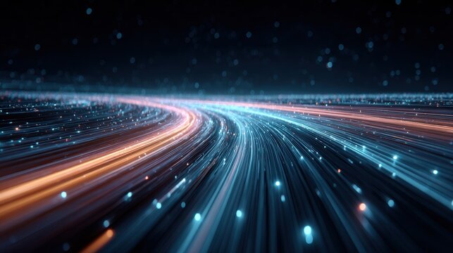 Network Slicing Telecom: Multiple virtualized network paths diverging and converging with glowing traffic data
