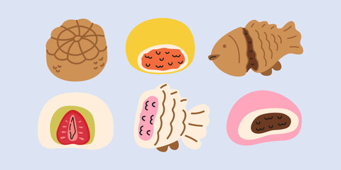 Vector set with traditional Asian sweets set in cartoon doodle style. Japanese traditional desserts, mochi, taiyaki. Food illustration in groovy flat style