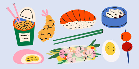 Asian cuisine cartoon stickers set in retro doodle style. Asian street food elements, traditional dishes, noodles, sushi, spring roll, shrimp tempura, mochi, seafood. Vector food illustrations