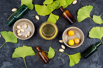 Ginkgo biloba green leaf, homeopathic herbs.