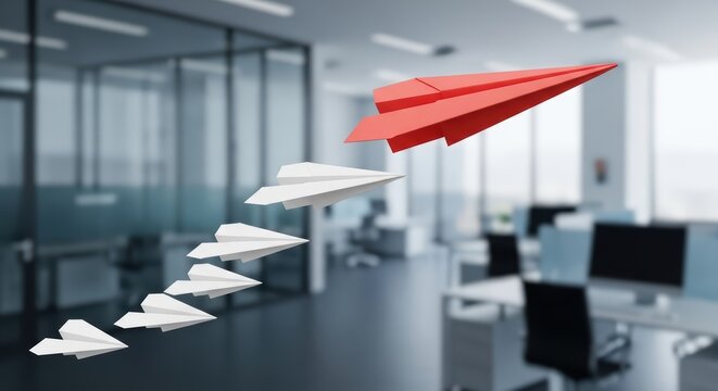 Mature Business Leader Brainstorming Innovative Idea with TeamworkSymbolizing Red Paper Plane at Modern Office, Perfect for Corporate Websites and Presentations.
