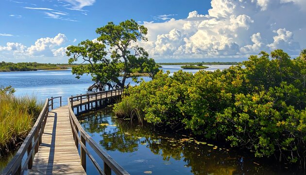 A wooden walkway extends over calm water, surrounded by lush green foliage under a bright, cloudy sky in a serene natural environment - Powered by Adobe
