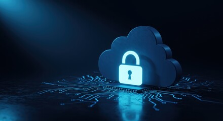 Cloud computing security concept with glowing padlock symbol on a digital circuit board background.
