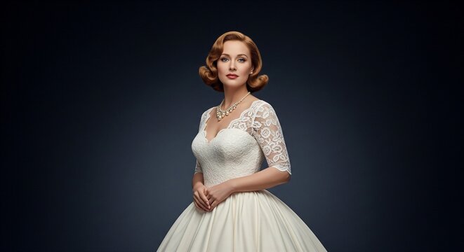 Donna anni 50 e 60 con il suo vestito bianco in posa professionale fotografica