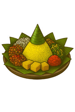 Vintage Hand-Drawn Indonesian Nasi Tumpeng Illustration &mdash; Traditional Cone Rice Dish with Side Dishes, Detailed Color Vector