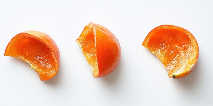 Three segments of an orange peel are arranged in a row on a white surface. Each segment shows varying degrees of being peeled, with the innermost flesh visible in the final segment. 