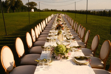festive outdoor dining, elegant vineyard evening setup, celebratory garden feast under glowing