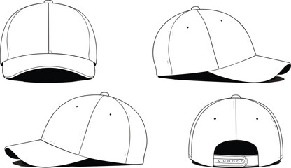 Baseball cap front view, side view, rear view, adjustable snapback hat, fashion accessory, casual headwear, unisex sports cap design
