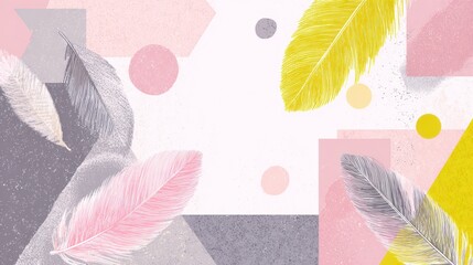 Abstract composition with feathers and geometric shapes on transparent background
