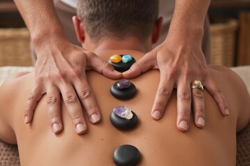 Close-up shot of a man receiving a hot stone massage with colorful crystals positioned on his back.