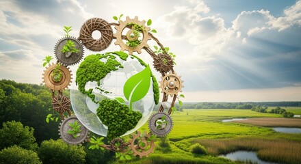 Active Climate Change Mitigation Concept Forests, Wetlands, and Gears of Nature vs Industrial Emissions for a Greener Future Perfect for Presentations & VFX.
