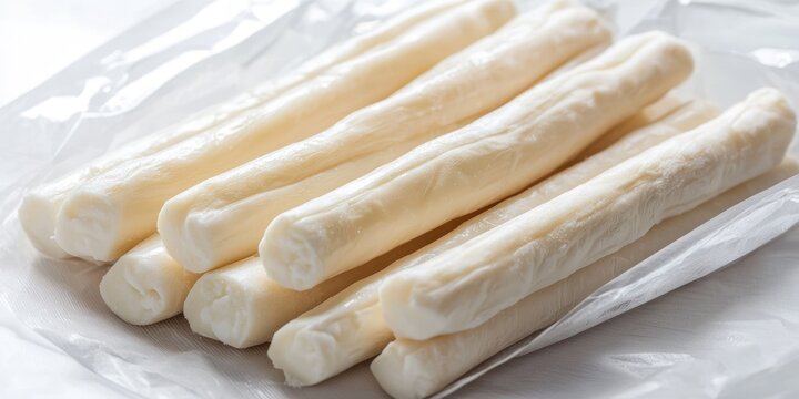 A bundle of fresh, white cheese sticks is packaged in clear plastic wrap. The cheese sticks are long and cylindrical, with a slightly textured surface. 
