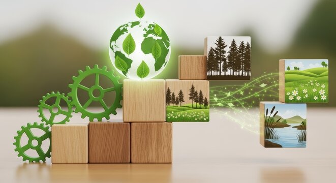 Empowering Nature's Solutions for Climate Change A Call to Action Green Gear Cube Concept with Earth, Forests & Wetlands, Perfect for Presentations & Websites.