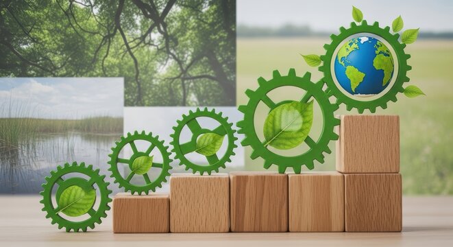 Wooden Cube Gear System symbolizing Green Energy Storage & Climate Solutions, Ideal for Corporate Websites and Business Presentations.