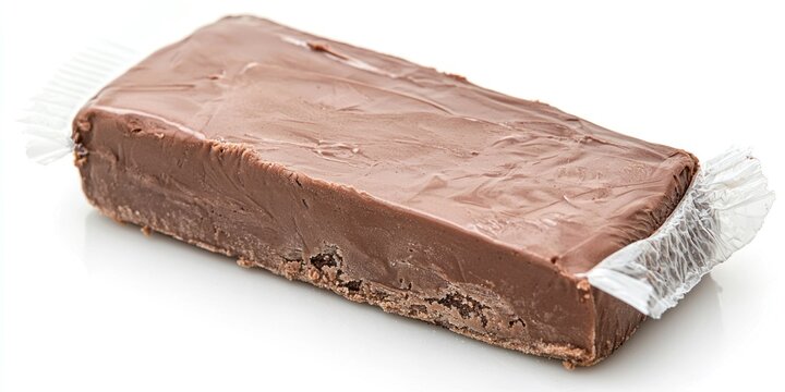 A rectangular bar of fudge is wrapped in clear plastic packaging and placed on a white surface. The fudge has a dark brown, glossy exterior and a slightly rough texture.