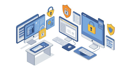 Obraz premium Secure digital workspace with isometric cybersecurity elements and modern technology