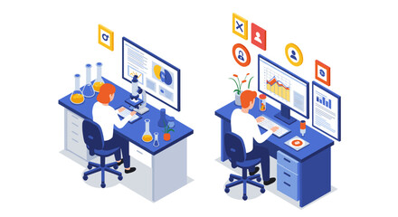 Obraz premium Isometric office workers analyzing data on dual computer setups with lab equipment